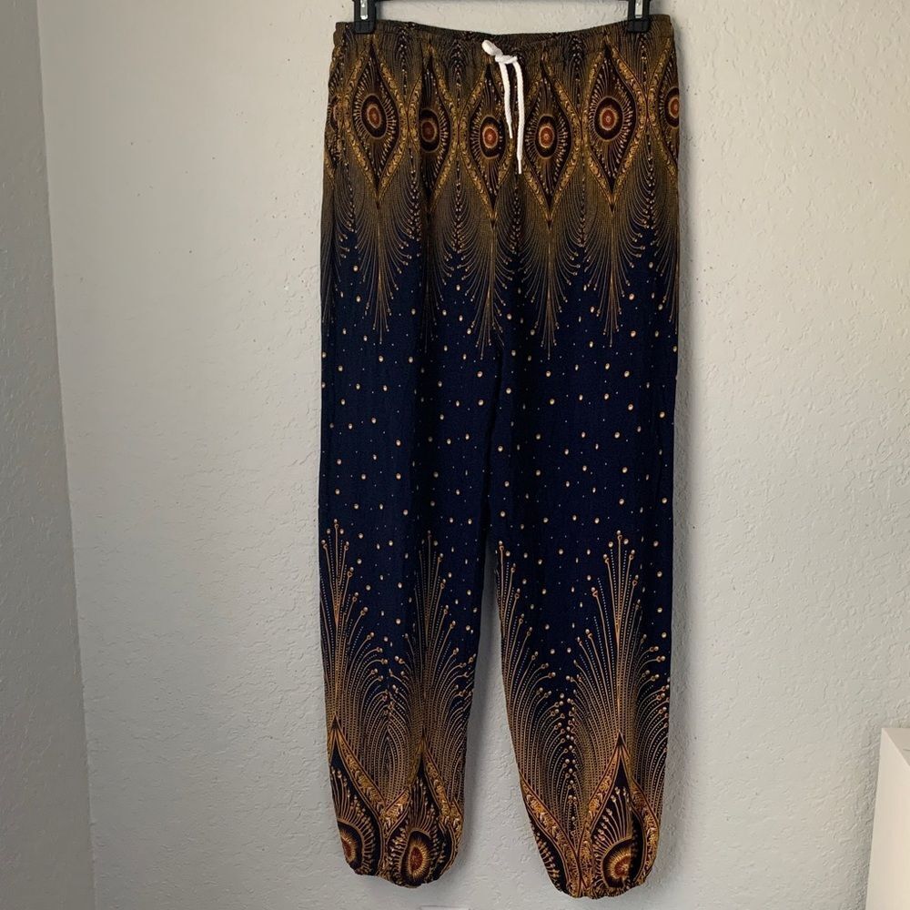 Urban Coco Women Harem Pants Elastic Waistband Navy Gold Size XL